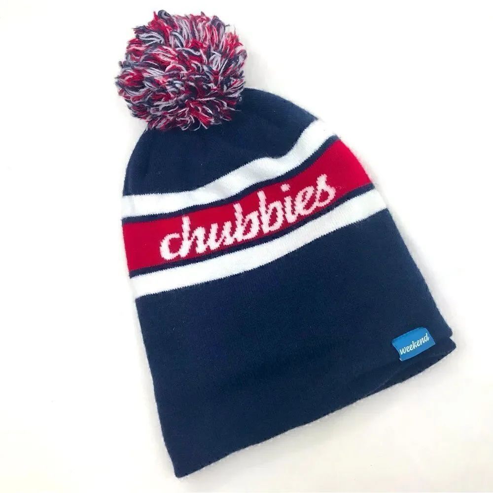 Chubbies Navy Blue Red Pompom Fleece Lined Knit Beanie Hat